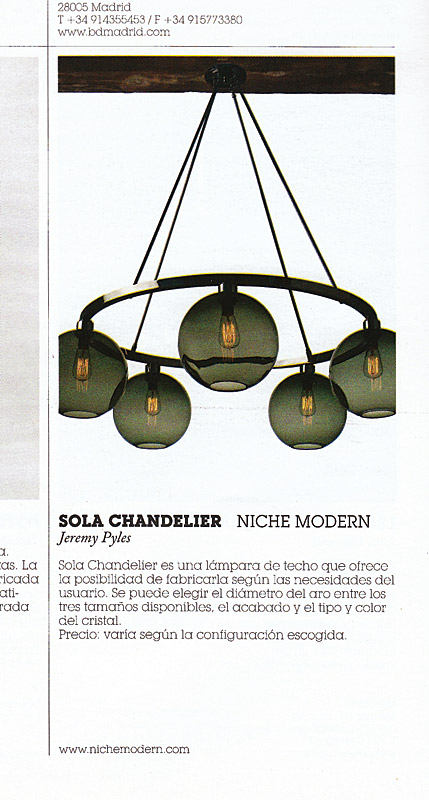 Pasajes Diseño magazine featuring Niche Modern's Sola Chandeliers