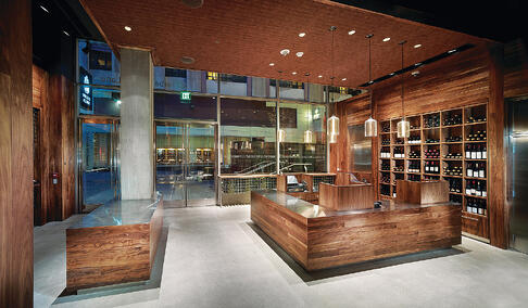 Press Club lobby featuring Niche Modern hand blown Bella pendant lights