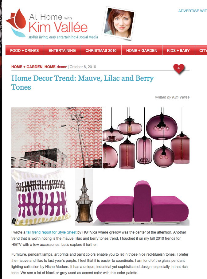 Niche Modern plum pendant lighting featured in Kim Vallee's blog