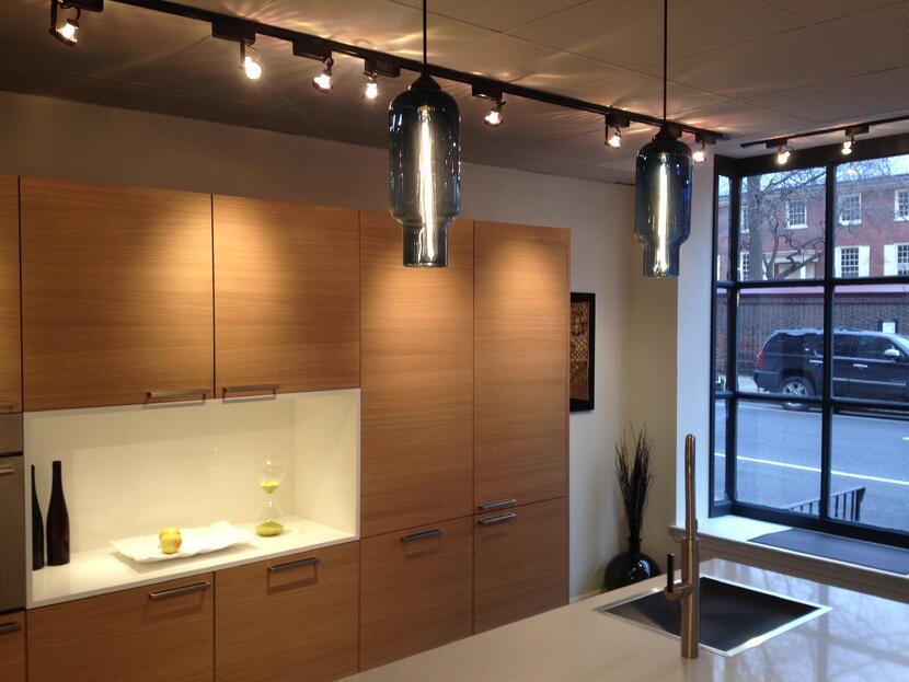 Two Pharos Pendant Lights over the Kitchen Counter of Eggersmann Studio in Philadelphia